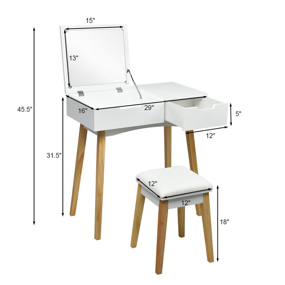 Wooden vanity table with flip top mirror and cushioned stool, featuring ample storage and elegant white finish for home.