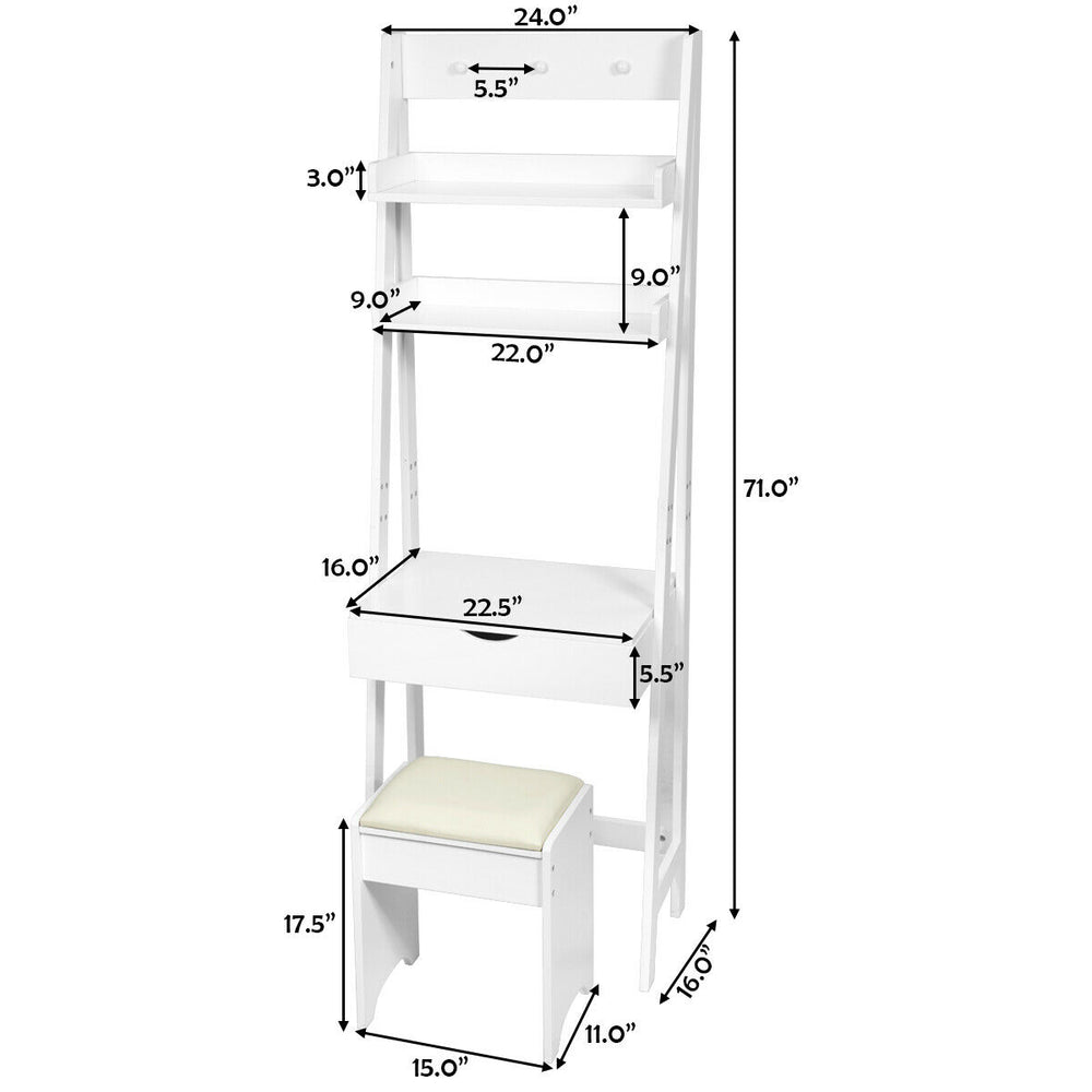 3-in-1 modern shelf vanity set with flip top mirror, featuring ample storage and a comfortable stool for small spaces.