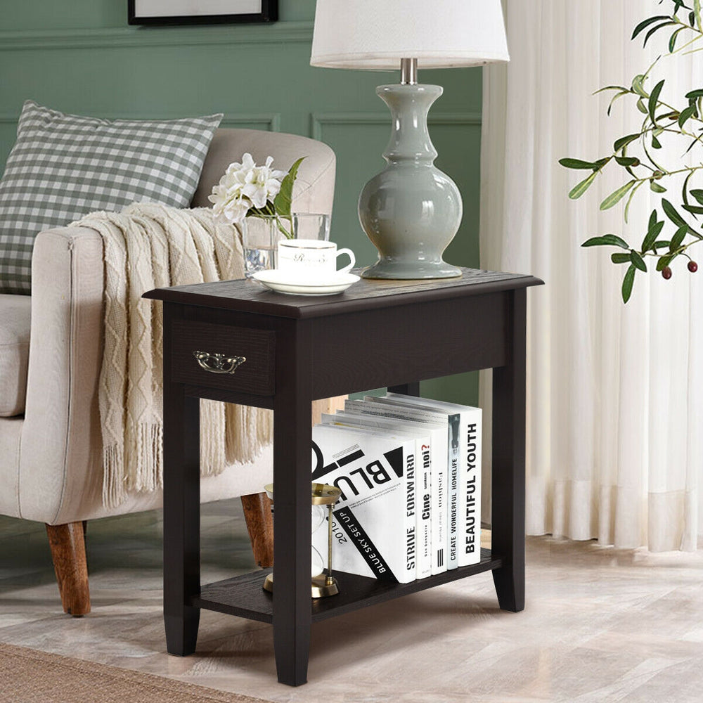 2 Pieces 2 Tier Sofa Side End Table with Drawer and Open Shelf-Dark Brown - Gallery View 1 of 9