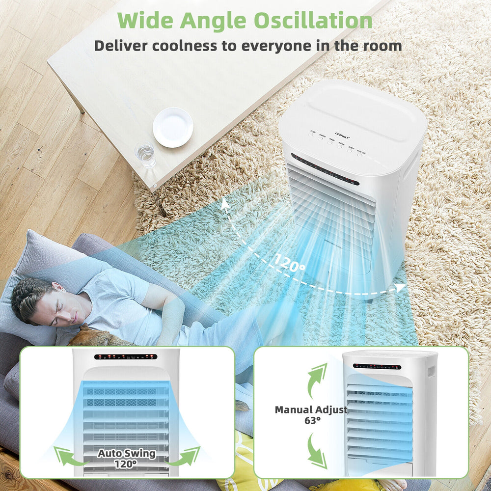 Portable evaporative air cooler with 120° auto swing, 3 modes, and 2.6-gallon water tank for efficient cooling.