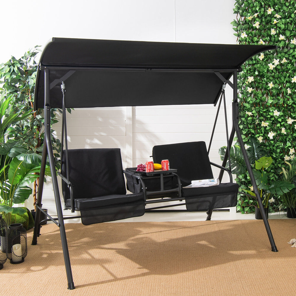 Two-seat porch swing chair with adjustable black canopy, featuring a middle table and cushions for outdoor relaxation.