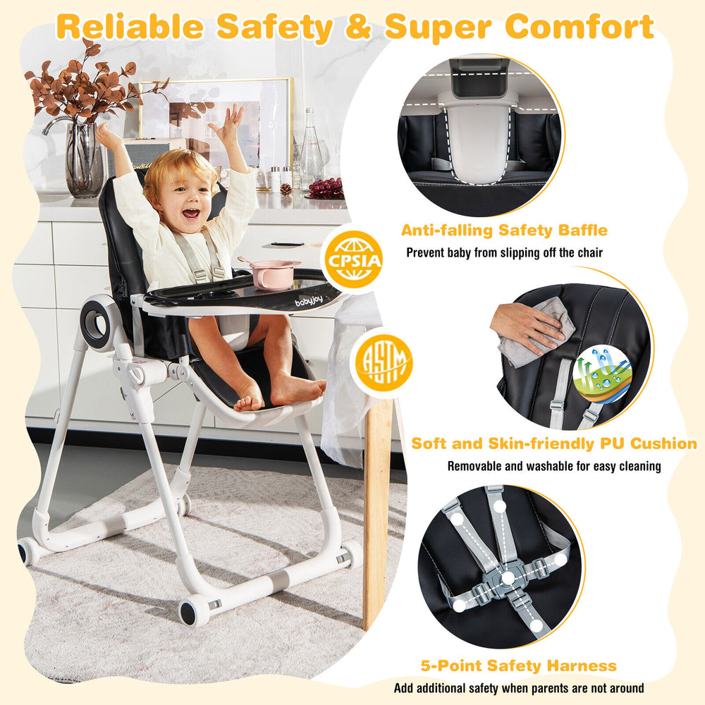 Foldable baby high chair in black with adjustable backrest, removable trays, and 5-point safety harness for secure.