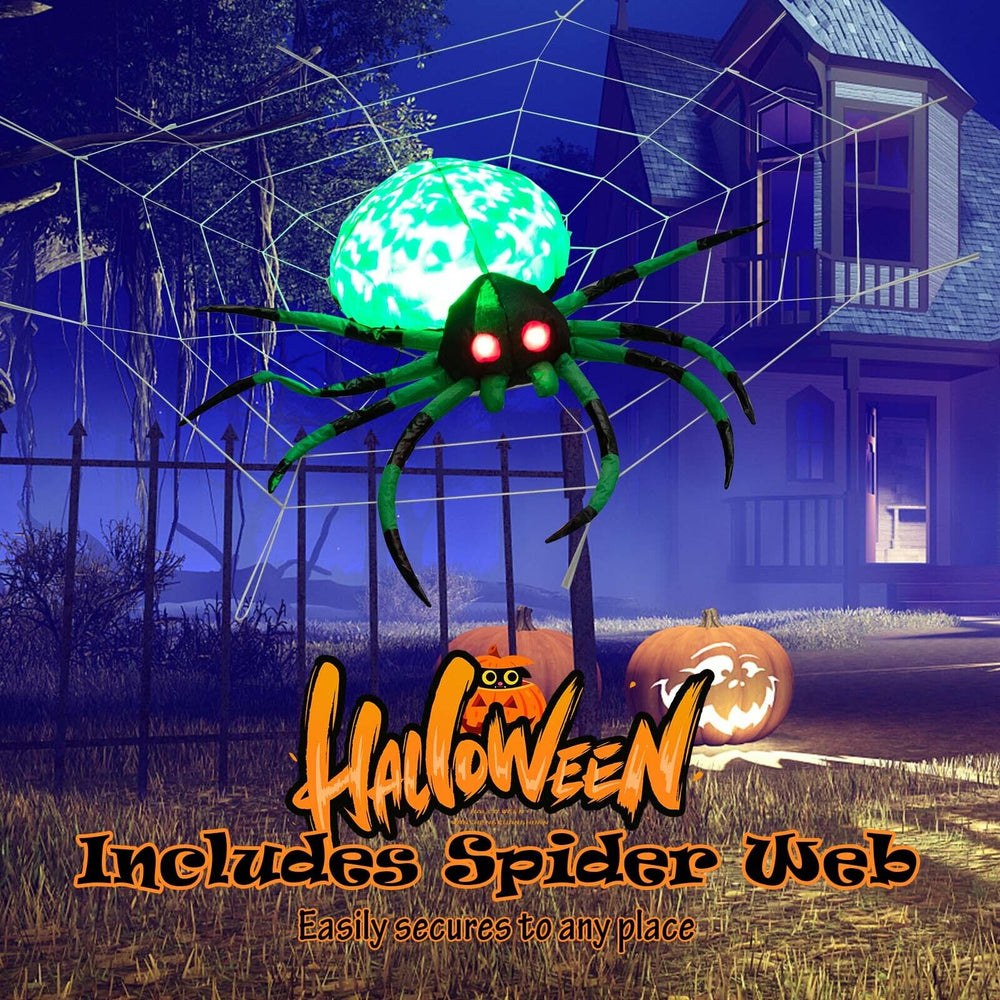 5-foot inflatable Halloween spider with glowing green body, red eyes, and included spider web for easy outdoor setup.