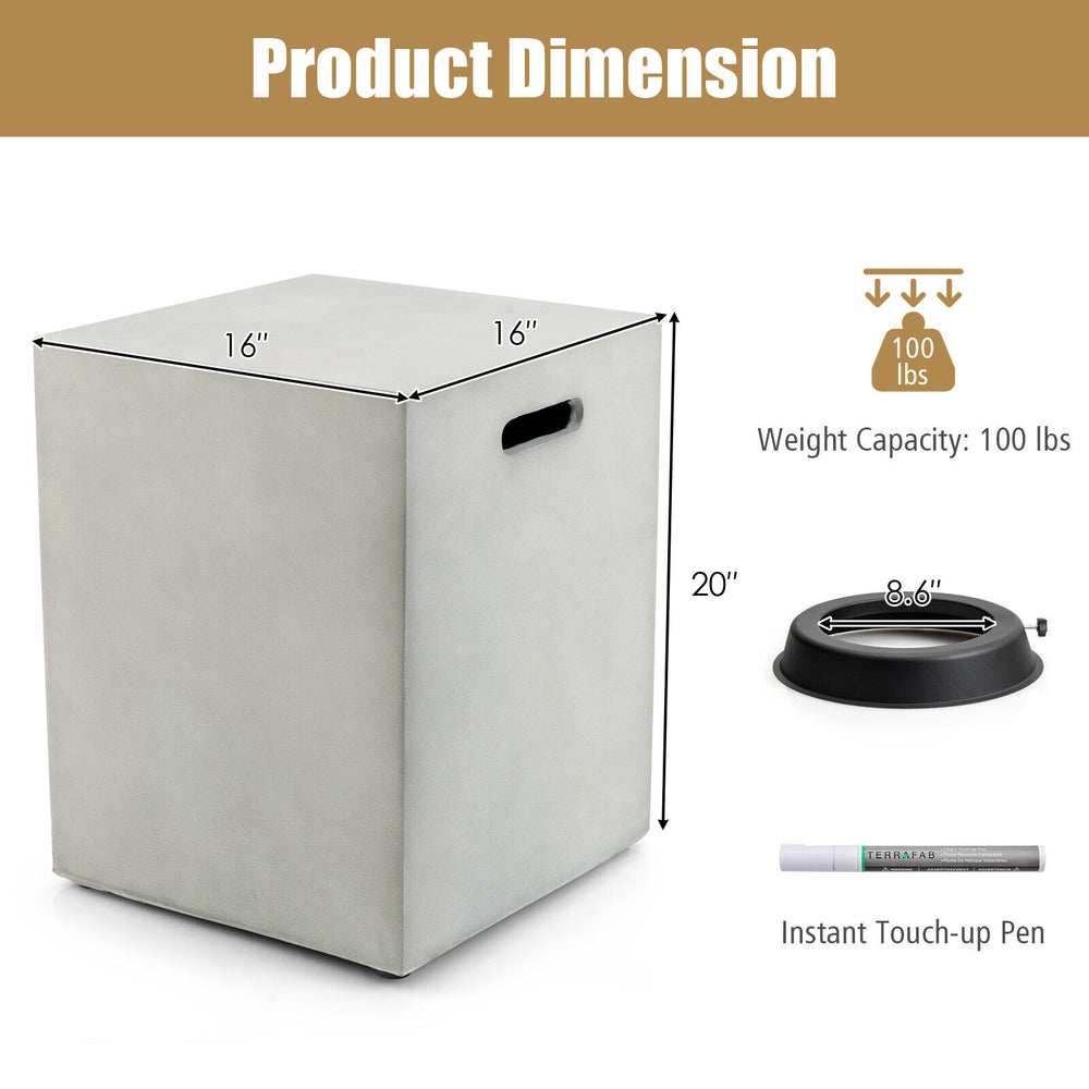 Gray propane tank cover hideaway table, 20 lbs capacity, with handles for easy movement, ideal for outdoor use.