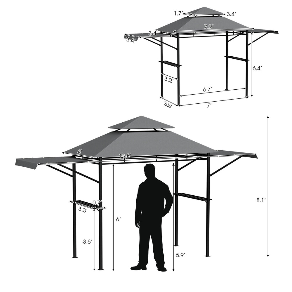 Patio BBQ grill gazebo with dual side awnings, 13.5 x 4 ft, gray, featuring a double-tiered canopy for ventilation.