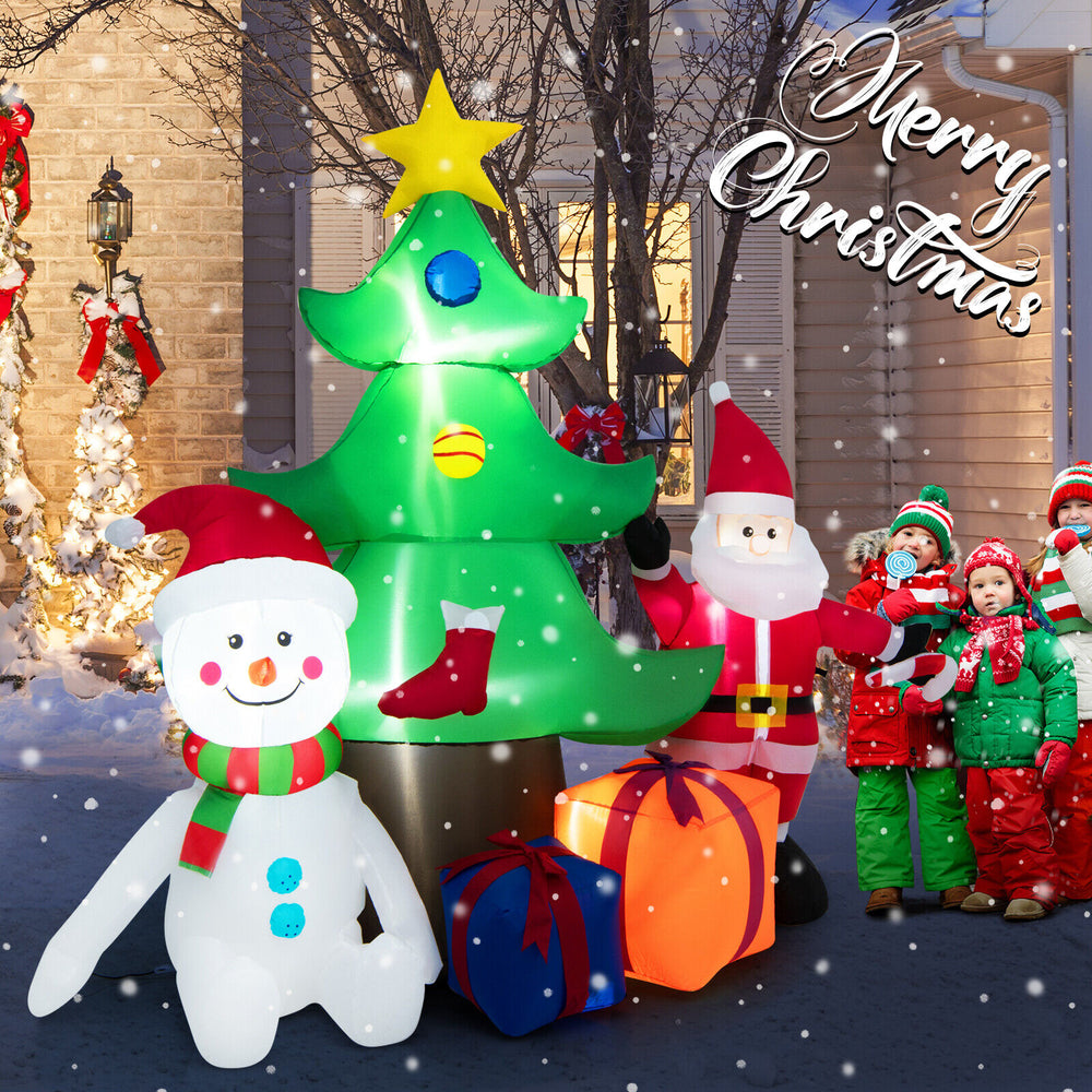 Inflatable 7.2 feet Christmas tree with Santa Claus, snowman, and gift boxes, featuring bright LED lights for festive.