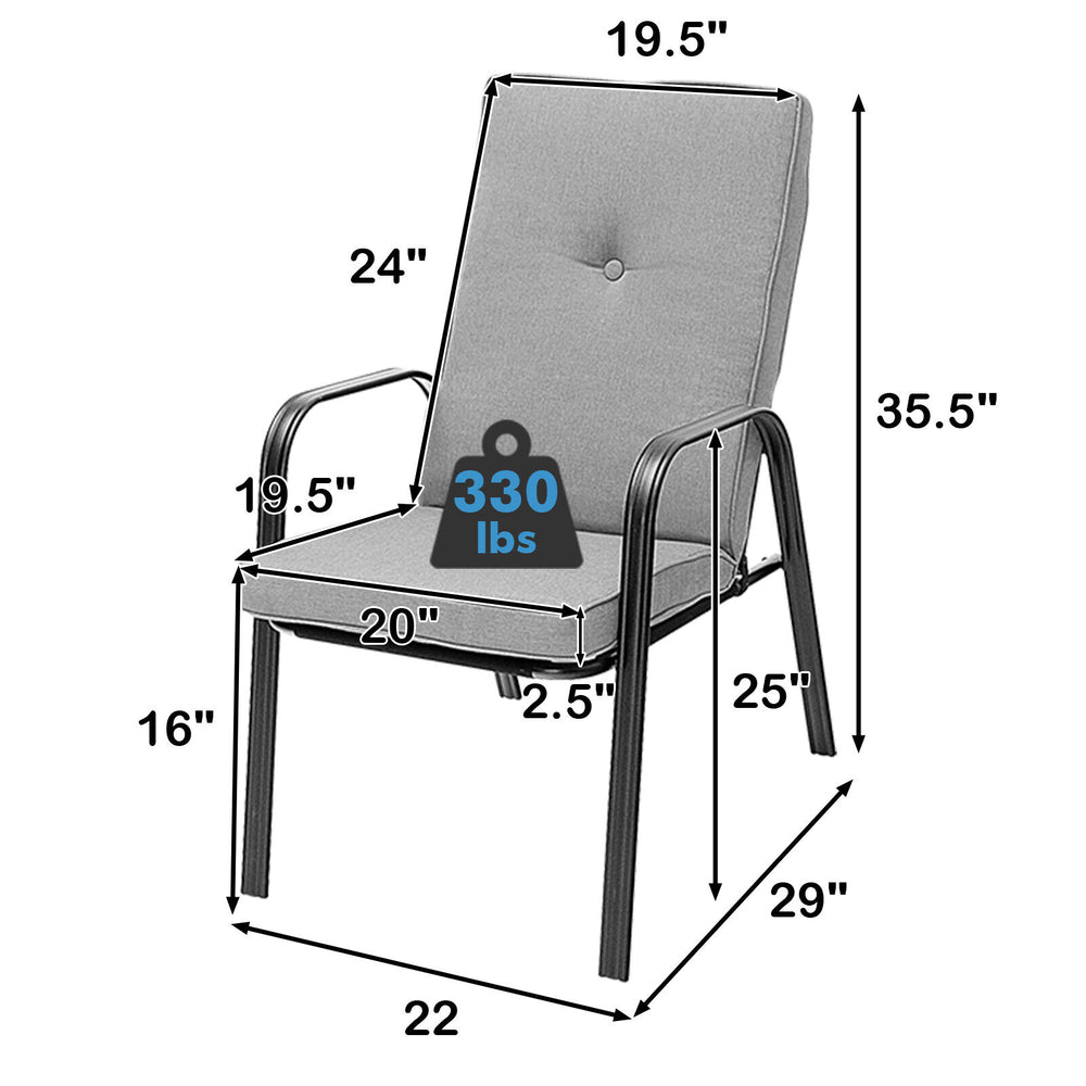 High-back patio dining chair with 2.5" cushions, reinforced steel frame, stackable design, ideal for outdoor use.