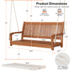 2-person hanging porch swing bench with curved back, solid wood frame, and cushion, perfect for backyard relaxation.