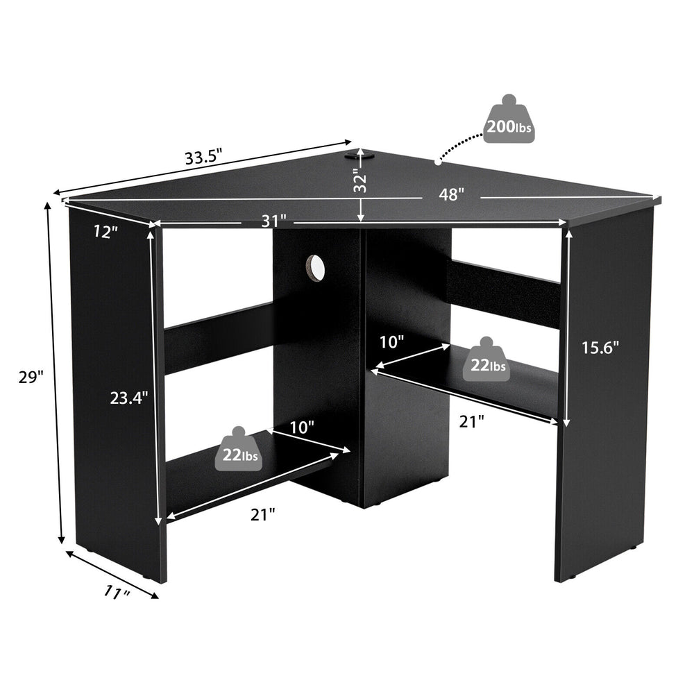 Triangle corner computer desk in black with storage shelf, cable management, and waterproof surface for versatile use.