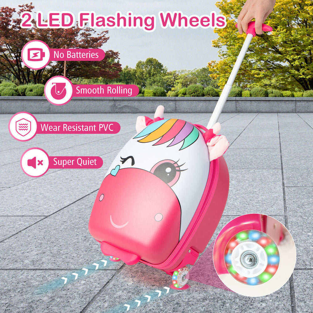 Kids rolling luggage in pink with 2 LED flashing wheels, telescoping handle, and cute ear design for travel and school.