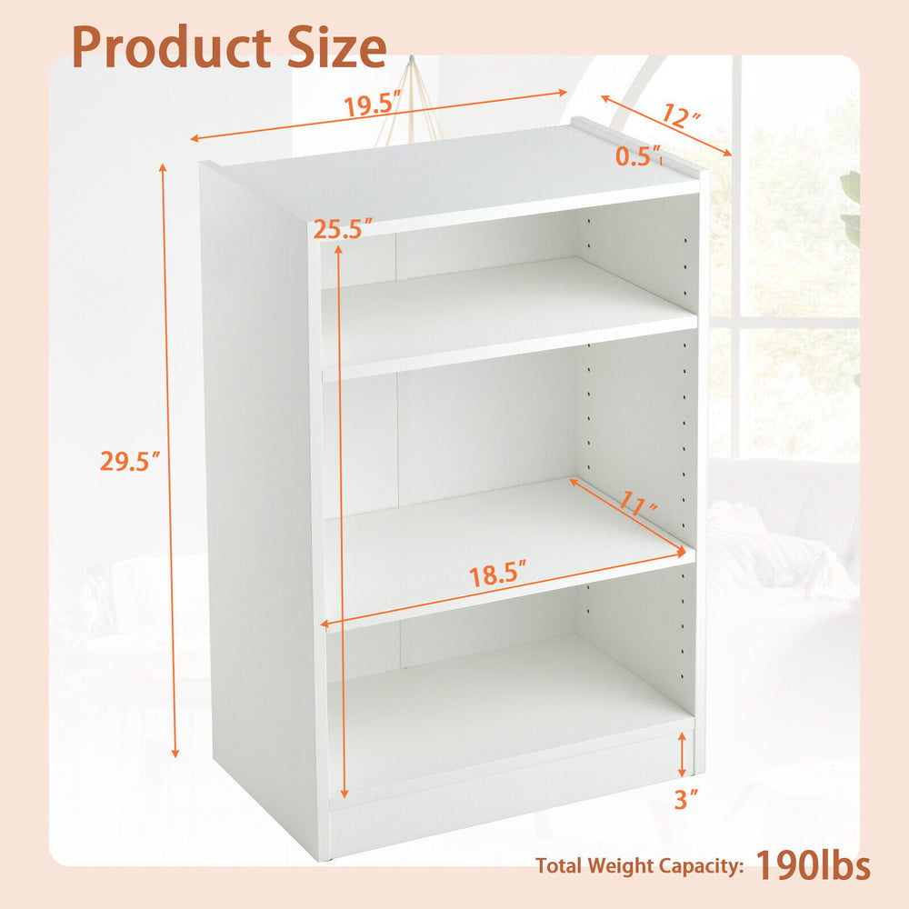 3-tier white bookcase with adjustable shelves, sturdy design, ideal for organizing supplies in living room or study.