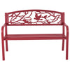 Red patio garden bench with bird design, durable steel frame, ergonomic seating, ideal for outdoor relaxation.