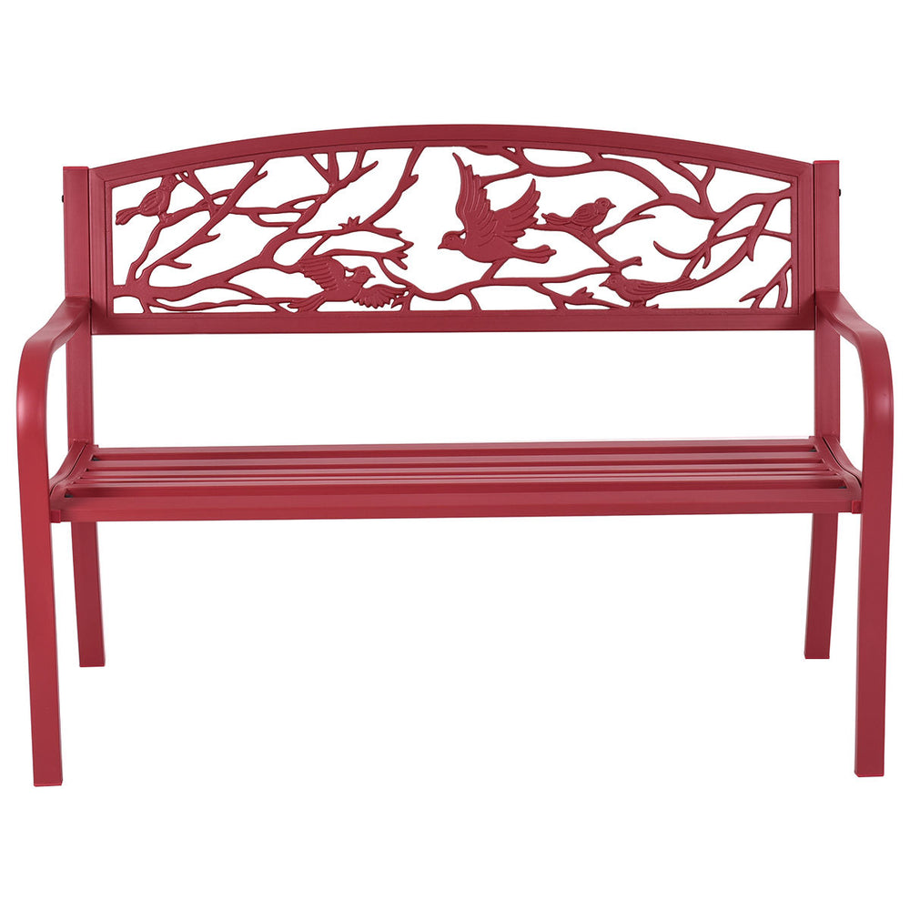 Red patio garden bench with bird design, durable steel frame, ergonomic seating, ideal for outdoor relaxation.