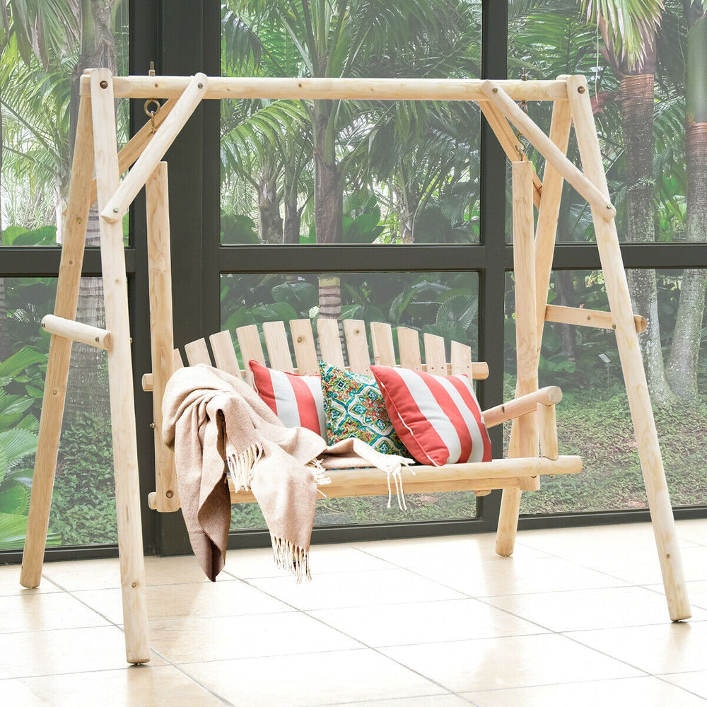 Outdoor wooden porch swing chair with rustic curved back, made of fir wood, ideal for patio and garden relaxation.