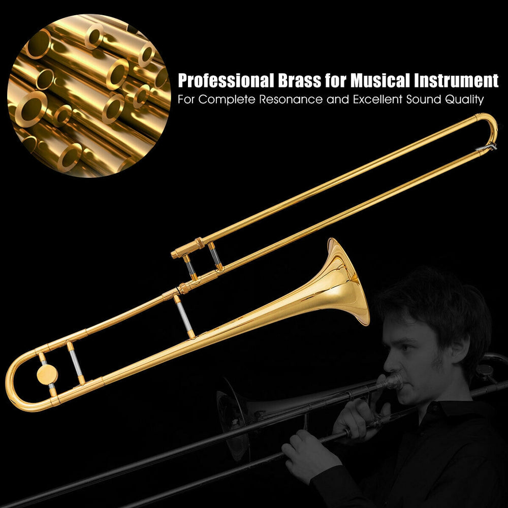 B Flat trombone in golden brass with a mouthpiece, featuring a beautiful lacquer finish for excellent sound quality.