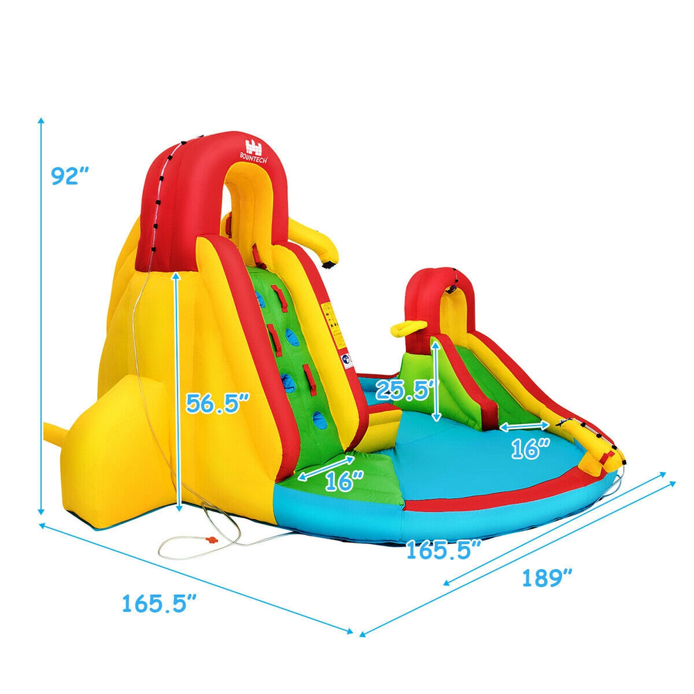 Kid's inflatable water slide bounce house with climbing wall and splash pool, ideal for summer fun and outdoor play.