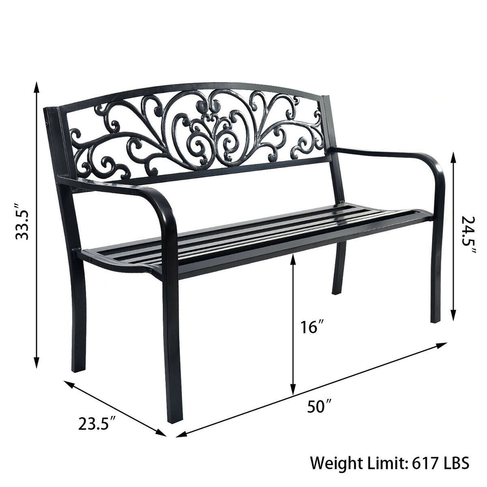 50-inch patio bench with steel frame and cast iron backrest, perfect for outdoor spaces like gardens and decks.