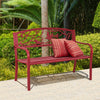 Red patio garden bench with ergonomic design, durable steel frame, and armrests, ideal for outdoor relaxation.