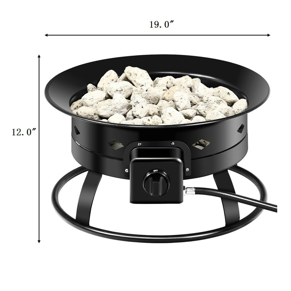 Portable propane fire pit with black powder-coated iron, 58,000 BTU, ideal for camping and outdoor gatherings.