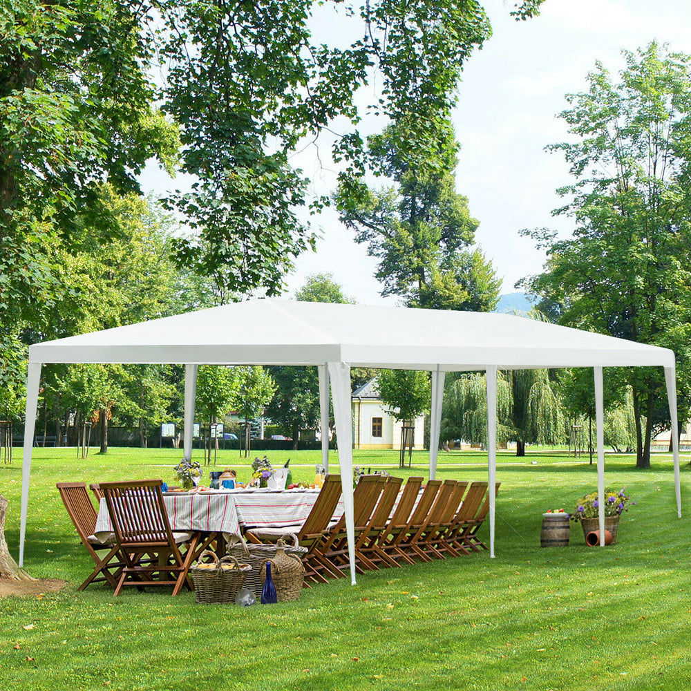Large 10 x 30 feet white gazebo canopy tent with sturdy steel frame, ideal for outdoor parties and events.