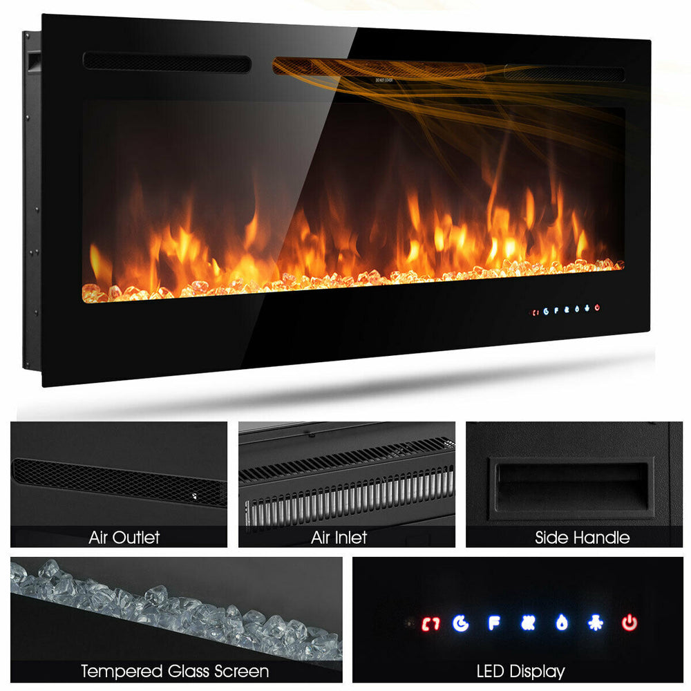 50-inch recessed electric fireplace with adjustable brightness, 9 flame colors, and tempered glass screen for cozy.