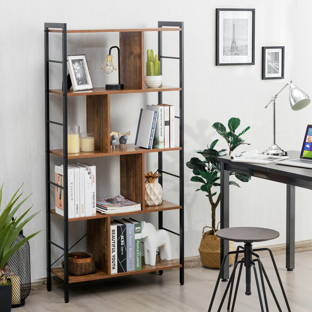 4-tier industrial freestanding bookshelf with metal frame and thick chipboard, ideal for living room or study storage.