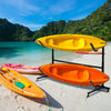 Freestanding height adjustable dual kayak storage rack holding two kayaks in vibrant colors, ideal for outdoor use.