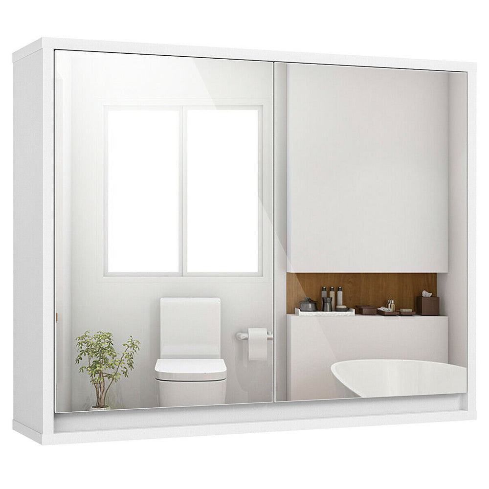 Wall-mounted 2-door mirrored medicine cabinet in white, featuring a sleek design for organizing bathroom essentials.