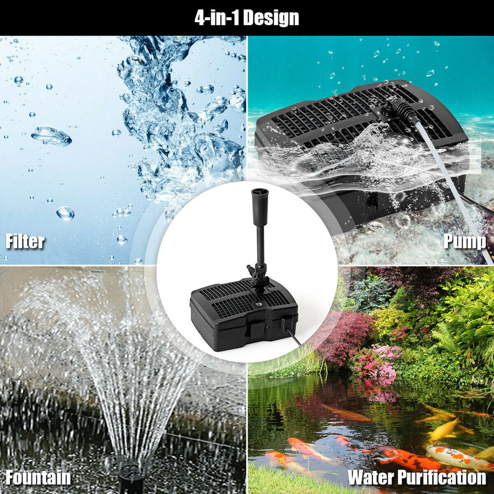 All-in-one 660 GPH pond filter pump with sterilizer, fountain jet, and multiple filtration for improved water quality.