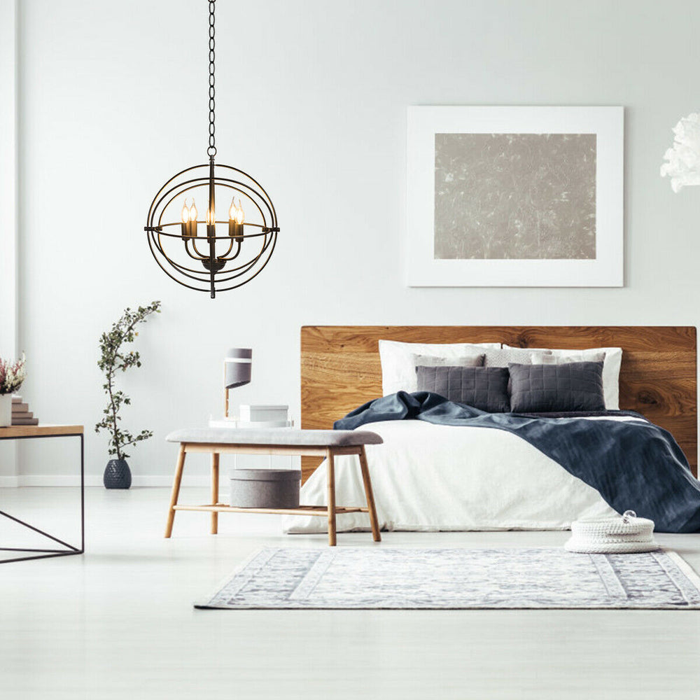20-inch metal chandelier with pivoting interlocking rings, featuring 5 E12 bulb holders, ideal for stylish lighting in.