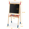 Height-adjustable wooden kid's art easel with chalkboard, whiteboard, and paper roll for creative play and learning.
