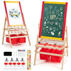 Double-sided kids art easel with magnetic blackboard and whiteboard, includes storage trays and art supplies for.