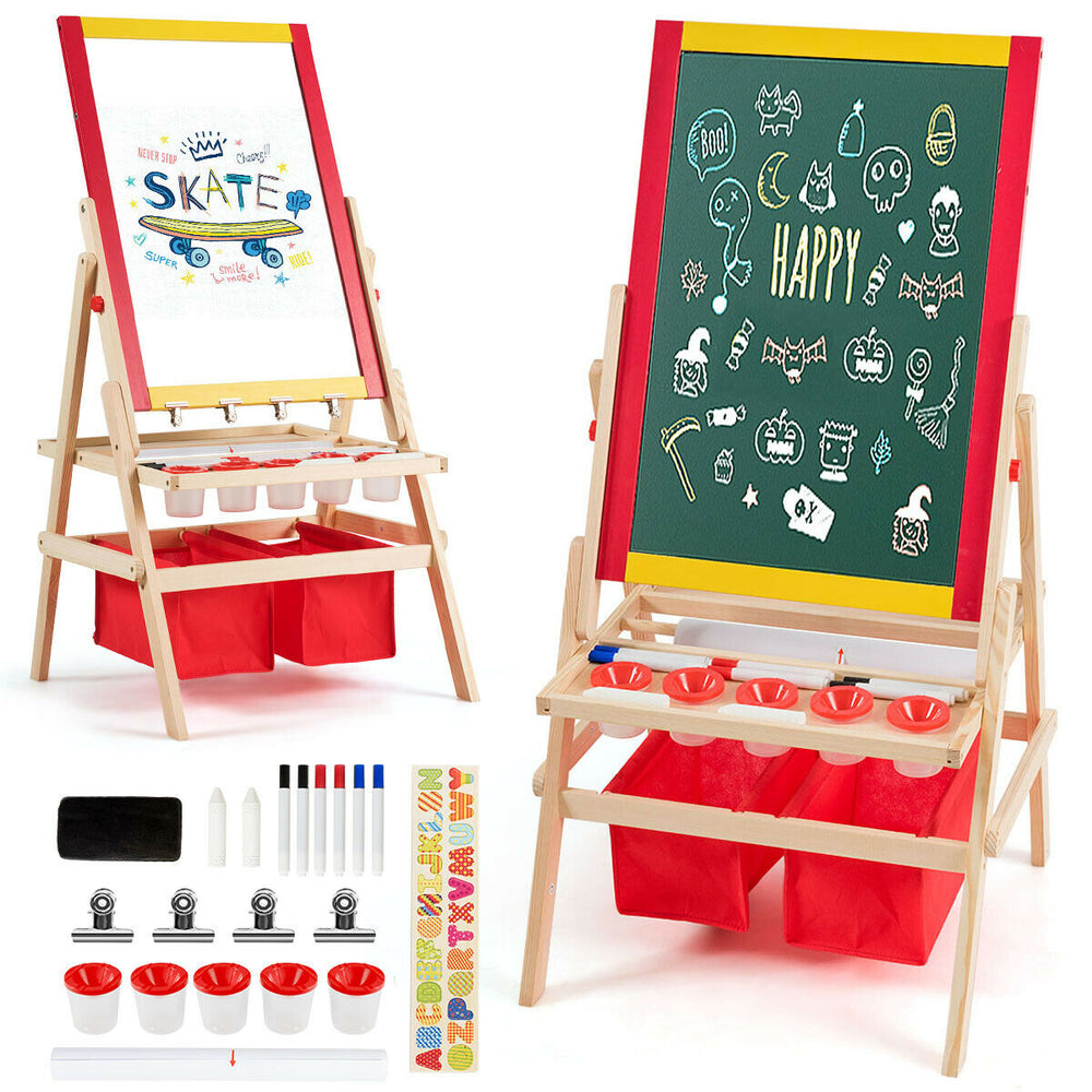 Double-sided kids art easel with magnetic blackboard and whiteboard, includes storage trays and art supplies for.