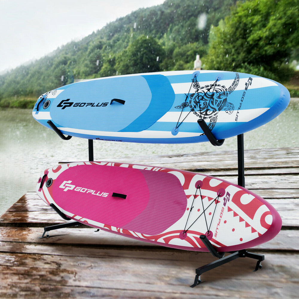 Freestanding kayak storage rack with adjustable height, holding 2 kayaks, made of heavy-duty steel for indoor or.