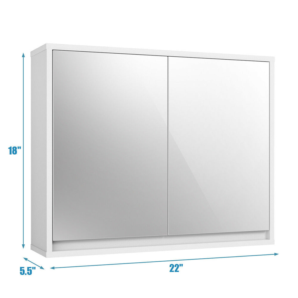 Front view of a 2-door wall-mounted mirrored medicine cabinet in white, designed for efficient bathroom organization.