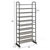 10-tier free-standing metal frame shoe rack with removable layers, compact design for hallway or entryway storage.