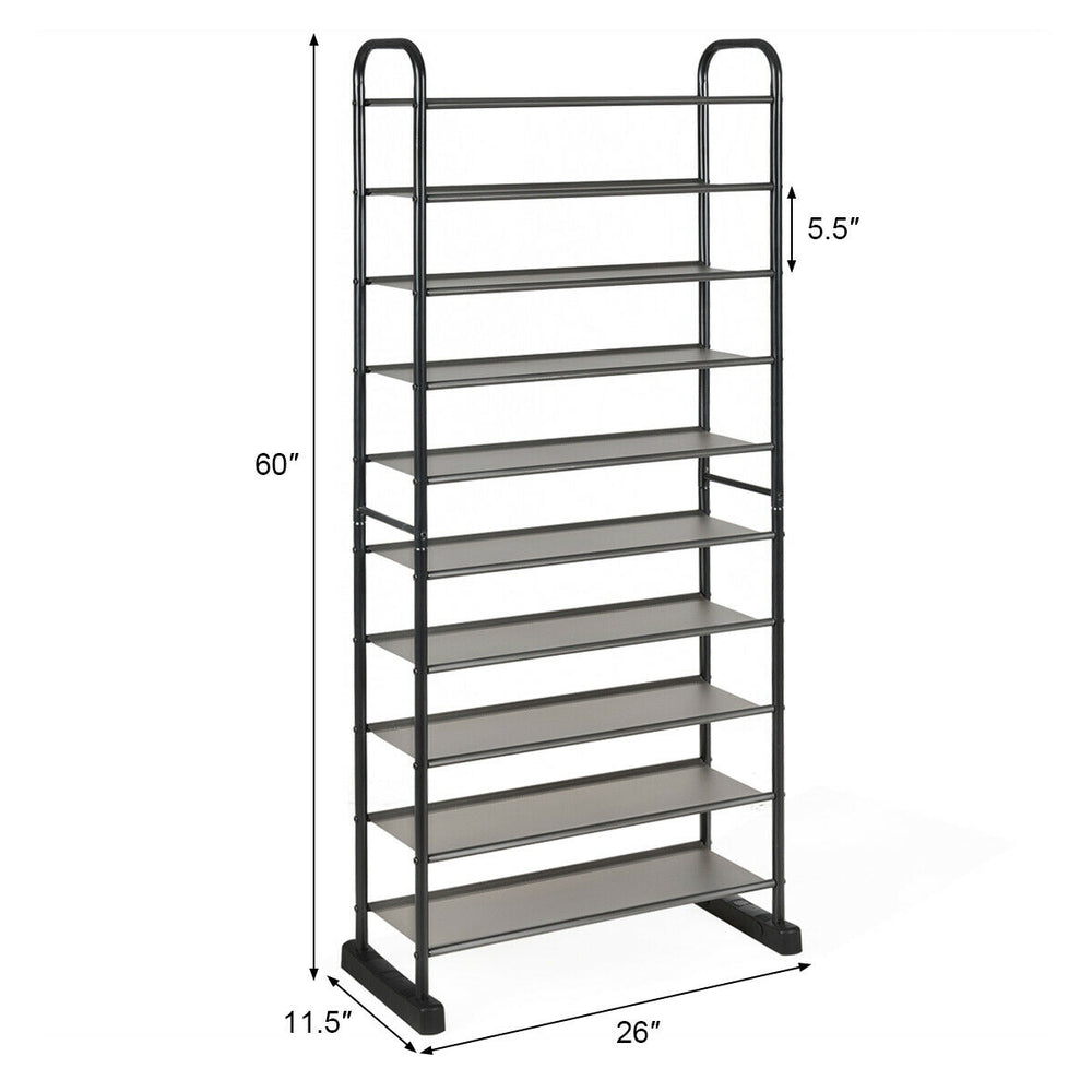 10-tier free-standing metal frame shoe rack with removable layers, compact design for hallway or entryway storage.
