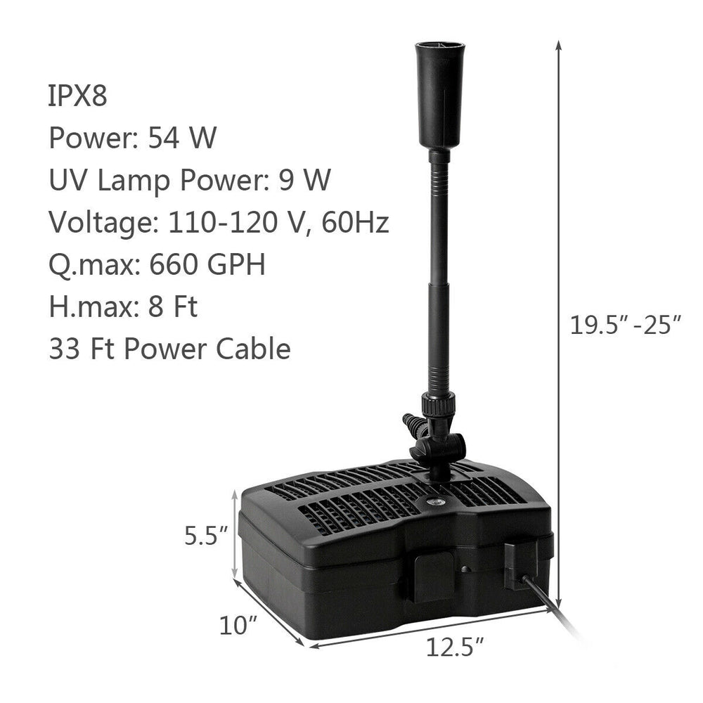 All-in-One 660 GPH pond filter pump with sterilizer, adjustable fountain pole, and multiple fountain heads for.