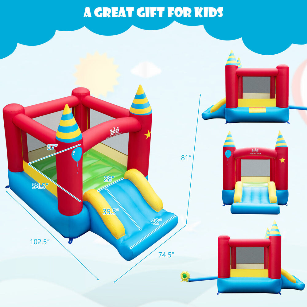 Kids inflatable bounce castle dimensions showing height, length, and width, made of durable 420D oxford cloth for.