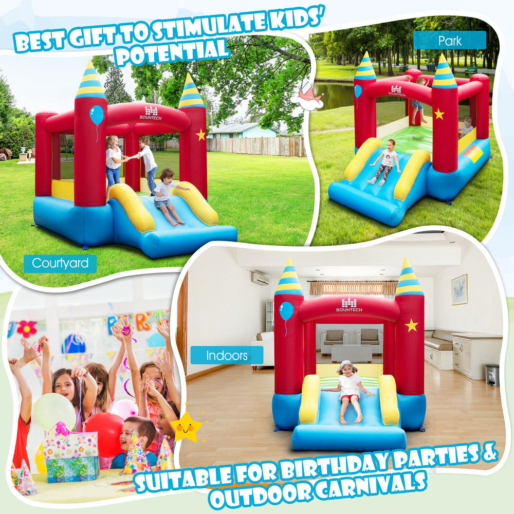 Kids inflatable bounce castle made of durable 420D oxford cloth with slide, suitable for indoor and outdoor fun.