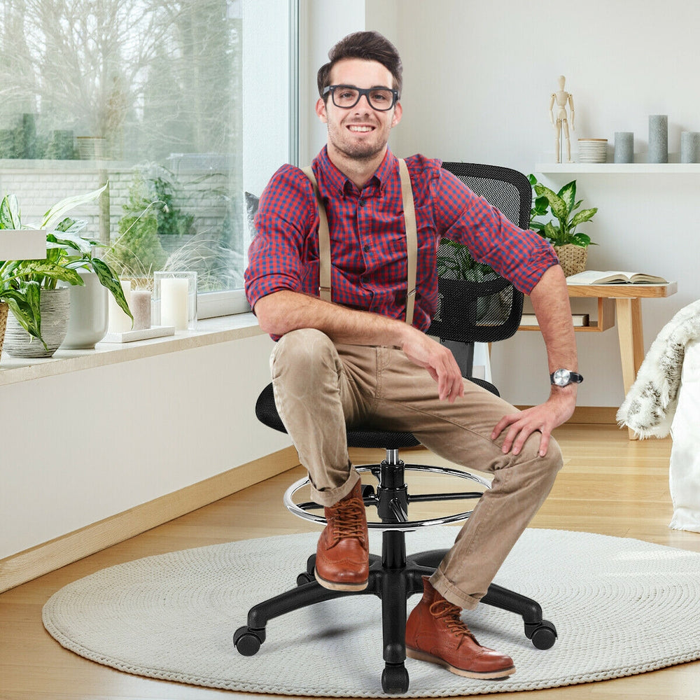 Adjustable height mid back mesh drafting office chair with ergonomic lumbar support, 360-degree swivel, and modern.