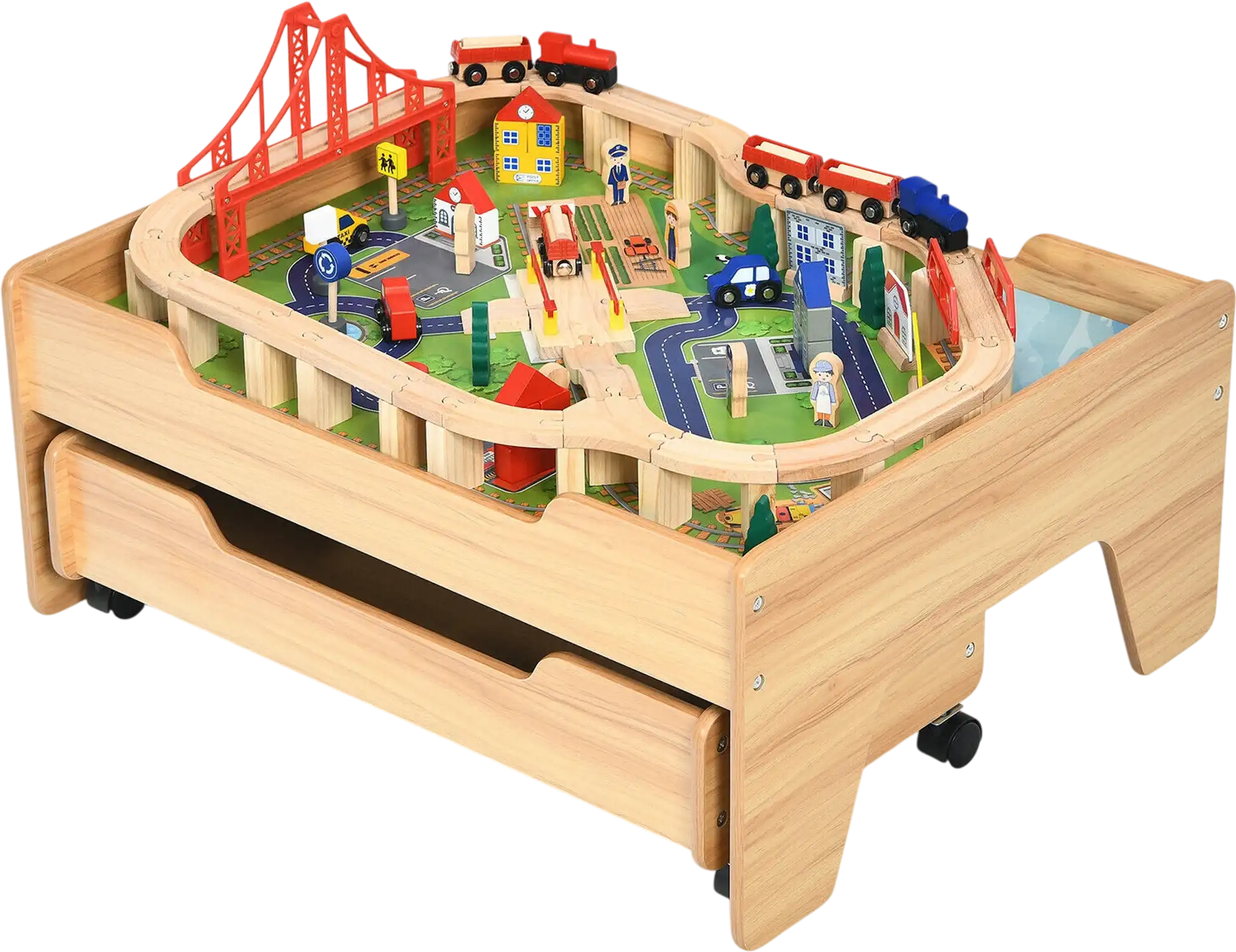 Costway Kids Wooden Train Set Table 100-Pc Lockable Wheels 34095782 New