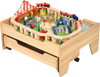 Kids Wooden Train Set Table with 100 Multicolor Pieces and Lockable Wheels
