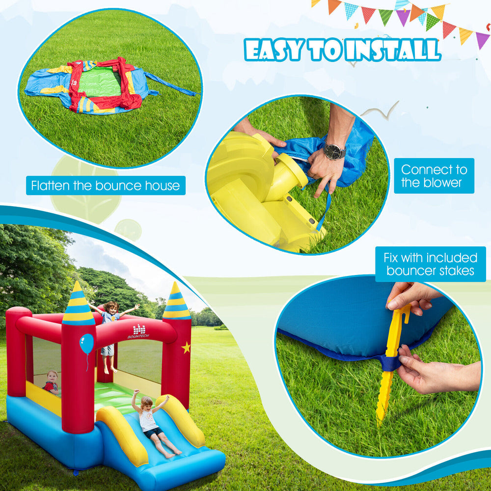 Kids inflatable bounce castle made of durable 420D oxford cloth with mesh walls, slide, and safety handrails for.
