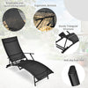 Black patio folding lounge chair with ergonomic armrest, adjustable backrest, and quick-drying fabric for outdoor.
