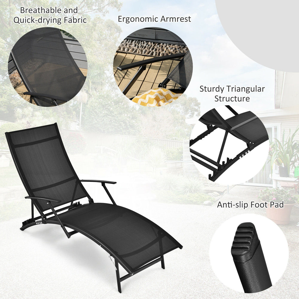 Black patio folding lounge chair with ergonomic armrest, adjustable backrest, and quick-drying fabric for outdoor.