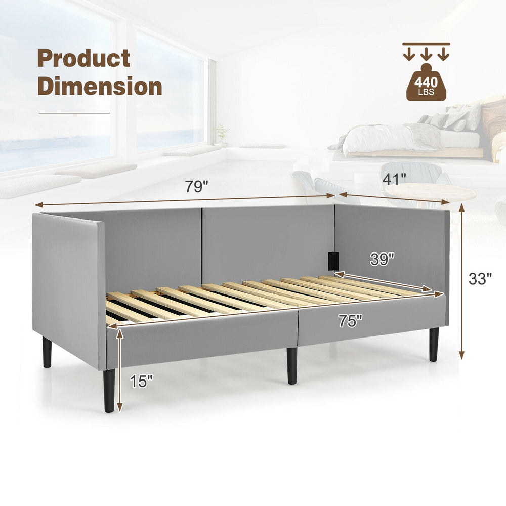 Twin size daybed frame in gray with wooden slat support, measuring 79" x 41" x 33", ideal for small spaces.