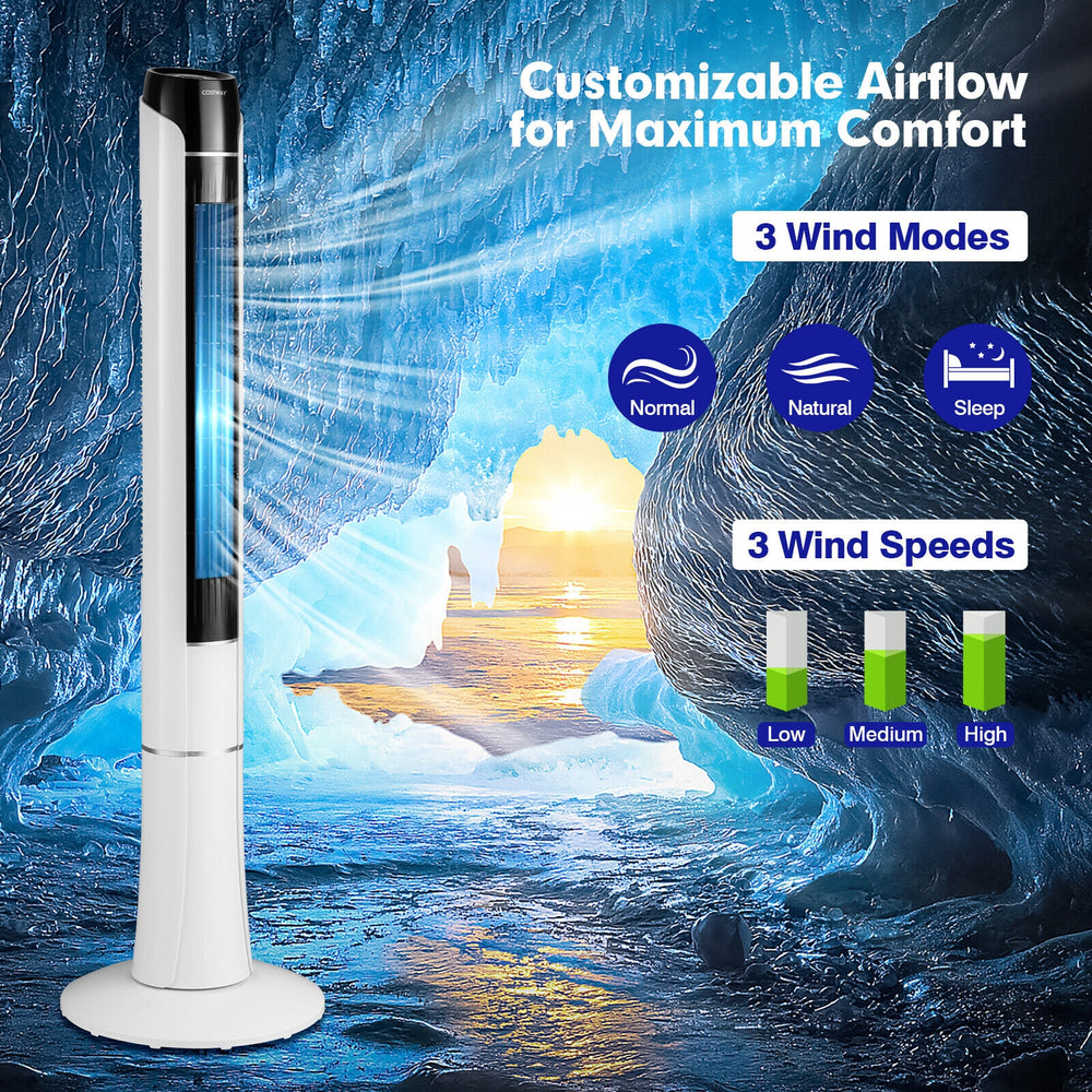 Portable 48-inch tower fan in white with remote control, featuring 3 wind modes and 80° oscillation for efficient.