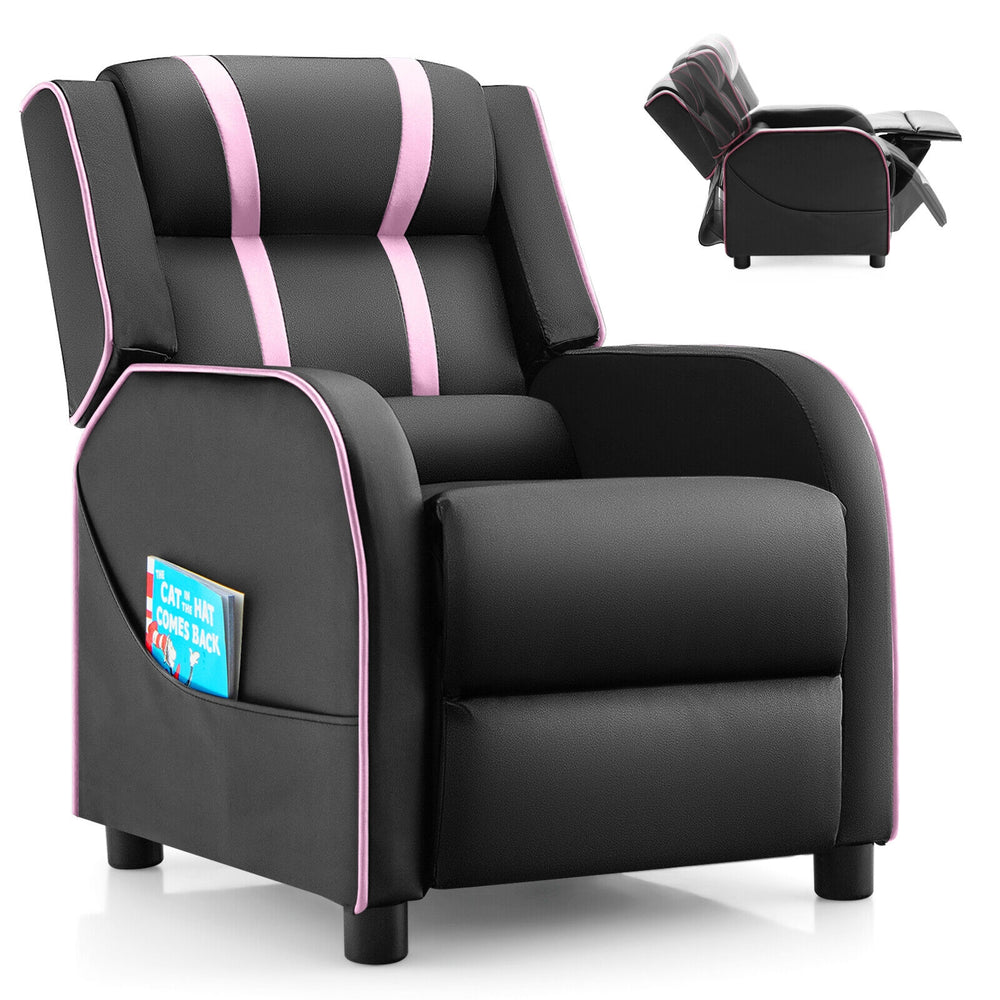 Kids recliner chair in pink with adjustable footrest, side pockets, and sturdy frame for comfortable relaxation.