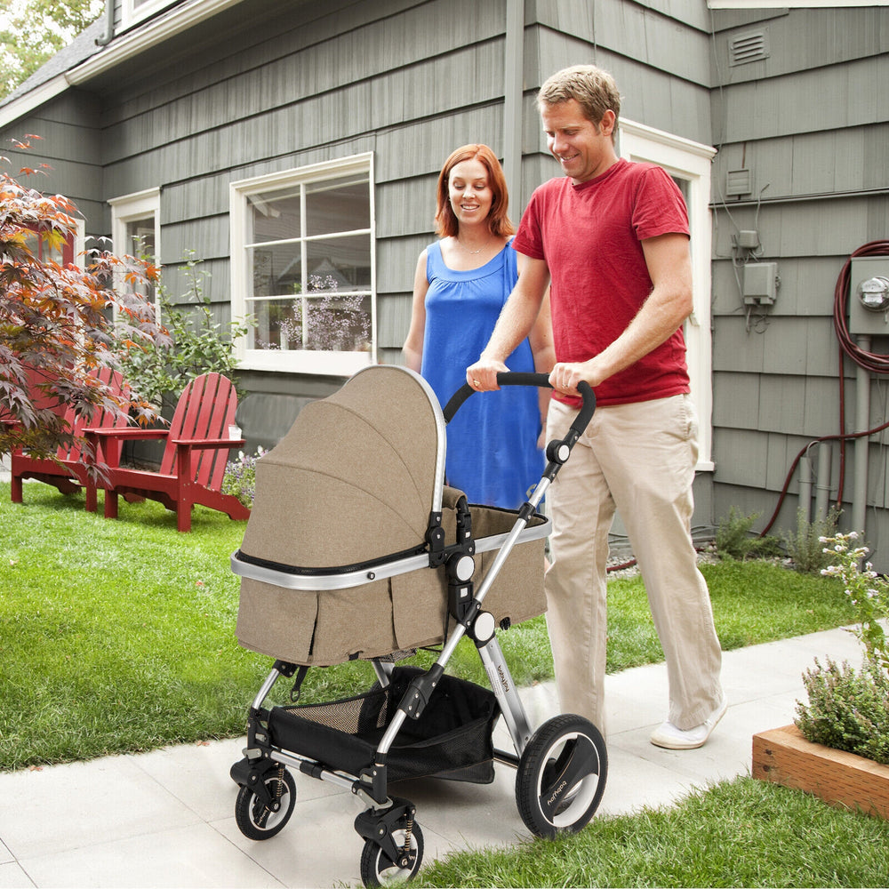 Folding Aluminum Baby Stroller Baby Jogger with Diaper Bag-Beige - Gallery View 1 of 11